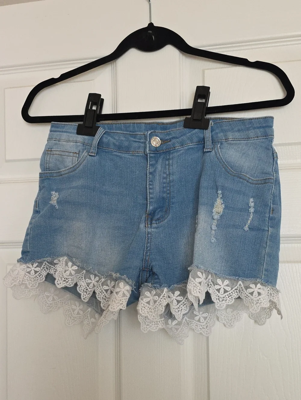 Light Blue Denim Shorts with White Lace Trim - Women's